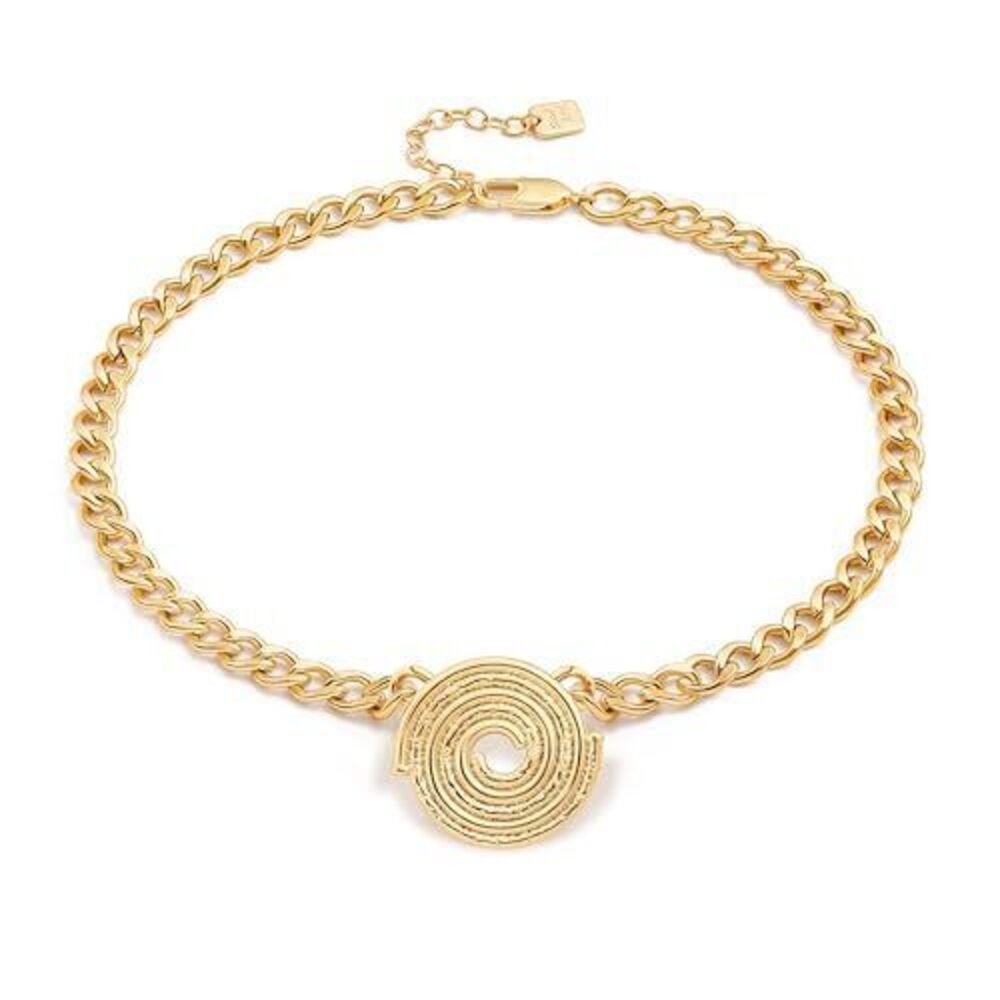 3833 Spiral Pattern Disc Coin Pendant Necklace 18K Gold Plated Chunky Flat